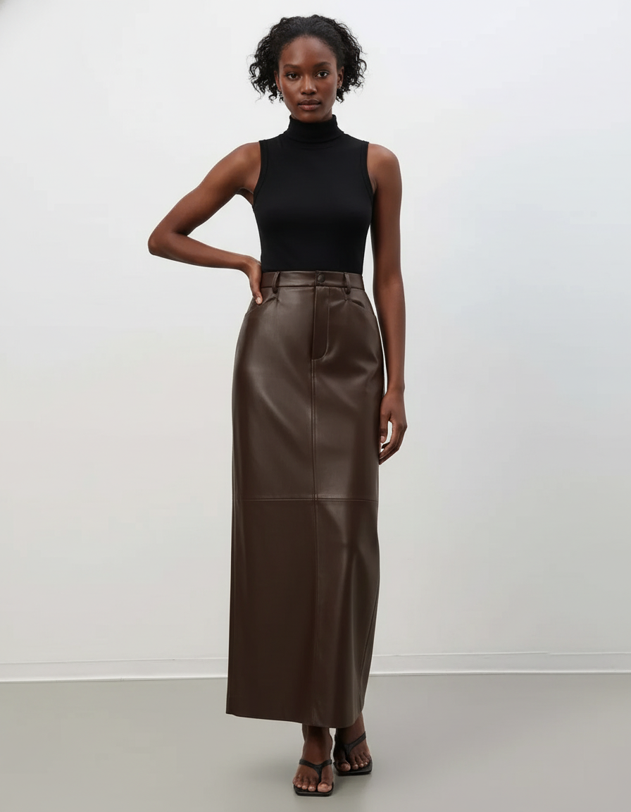 Jupe Crayon Marron Similicuir Élégante