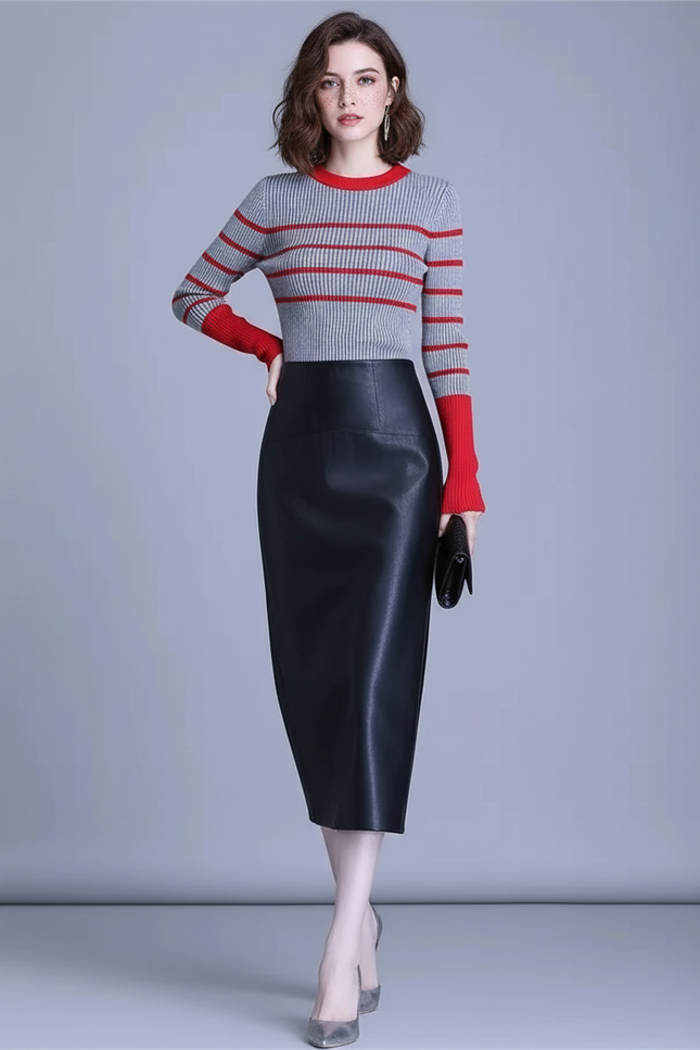 Jupe Crayon Cuir Noir Chic