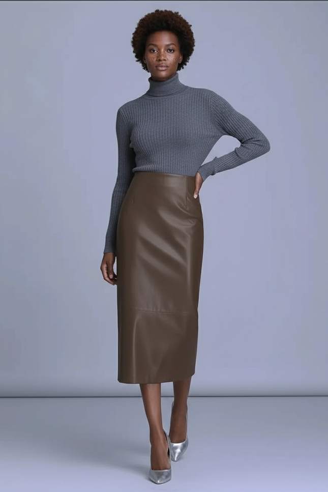 Jupe Crayon Marron Cuir Élégante