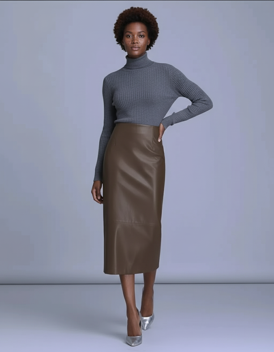 Jupe Crayon Marron Cuir Élégante