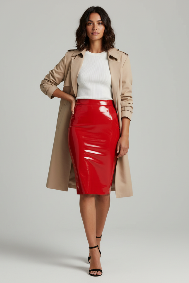 Jupe Crayon Rouge Laquée Chic