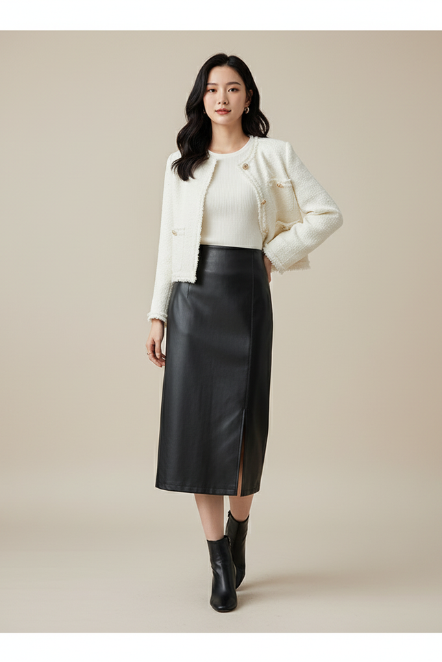 Jupe Crayon Cuir Noir Chic