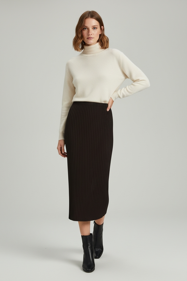 Jupe Crayon Marron Côtelée Élégante