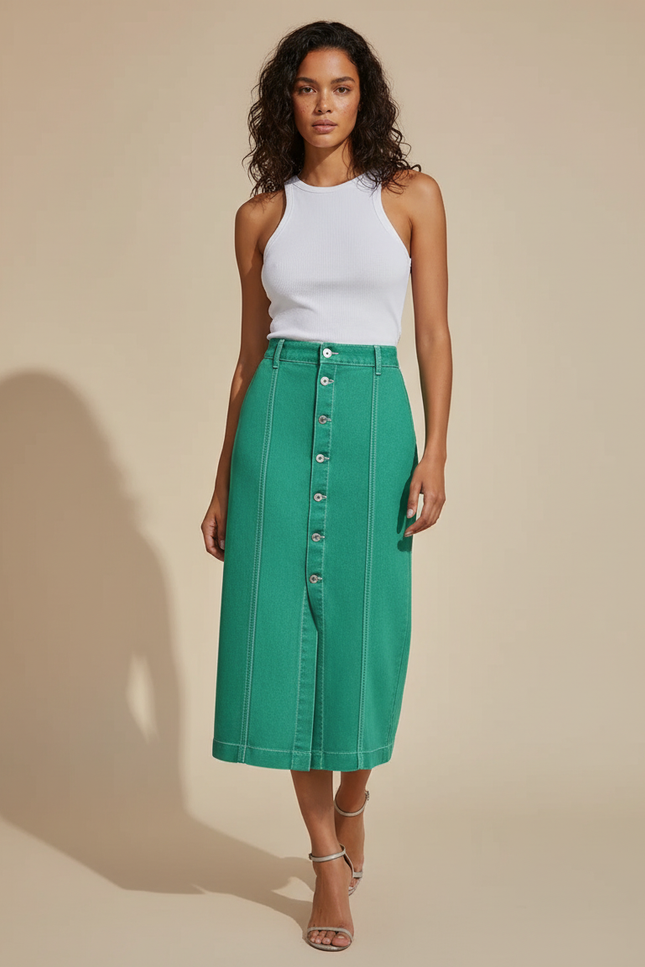 Jupe Crayon Verte Boutonnée Décontractée