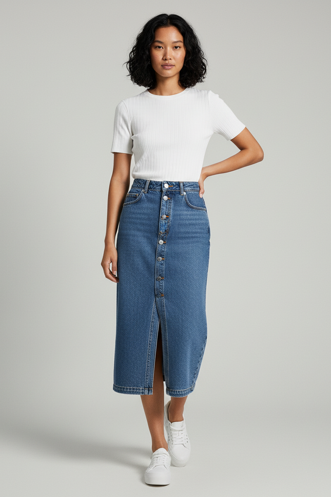 Jupe Crayon Denim Boutonnée Décontractée