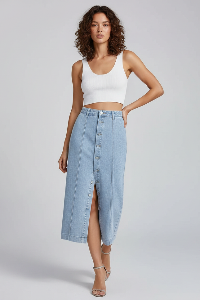 Jupe Crayon Denim Boutonnée Décontractée