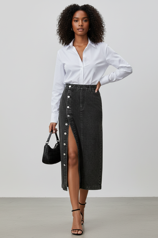 Jupe Crayon Denim Délavé Boutonnée Élégante