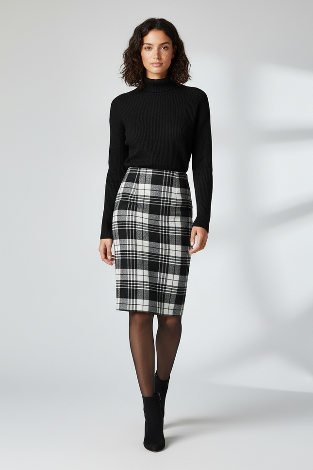Jupe Crayon Plaid Laine Chic