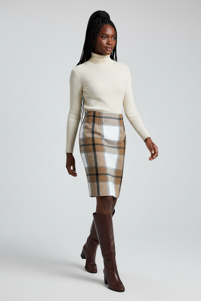 Jupe Crayon Plaid Beige Chic