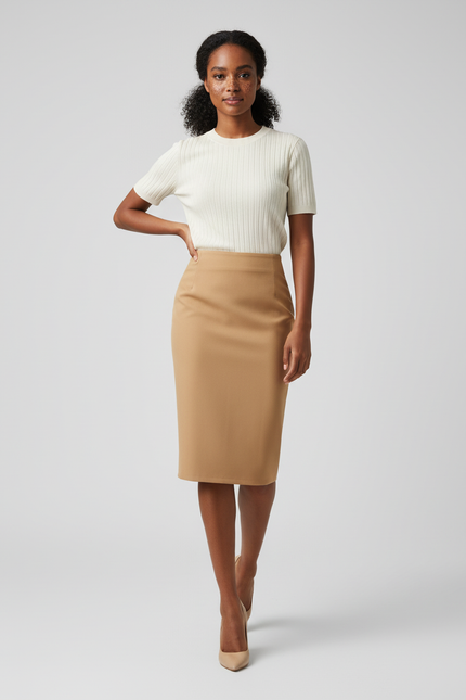Jupe Crayon Camel Unie Élégante