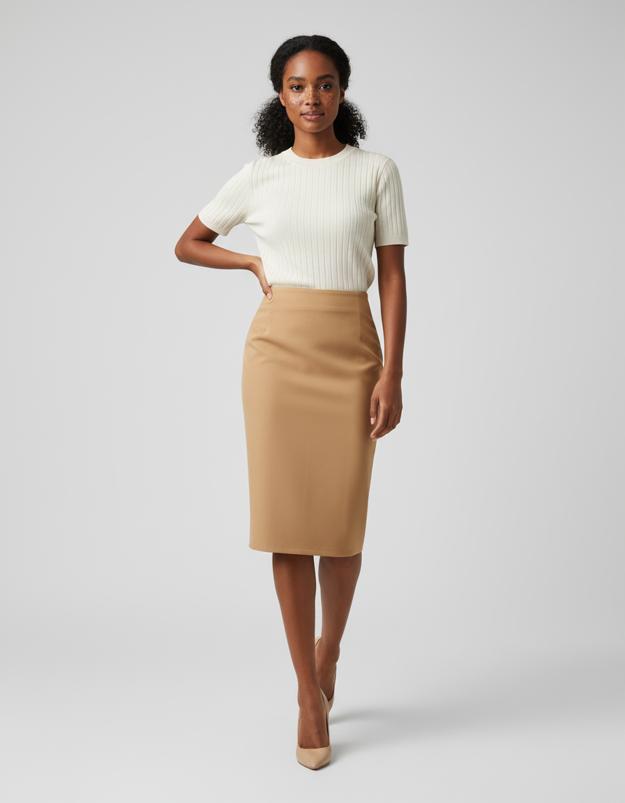 Jupe Crayon Camel Unie Élégante