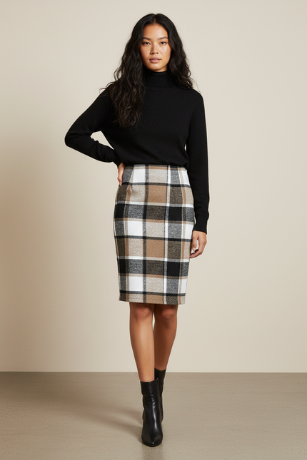 Jupe Crayon Carreaux Laine Élégante