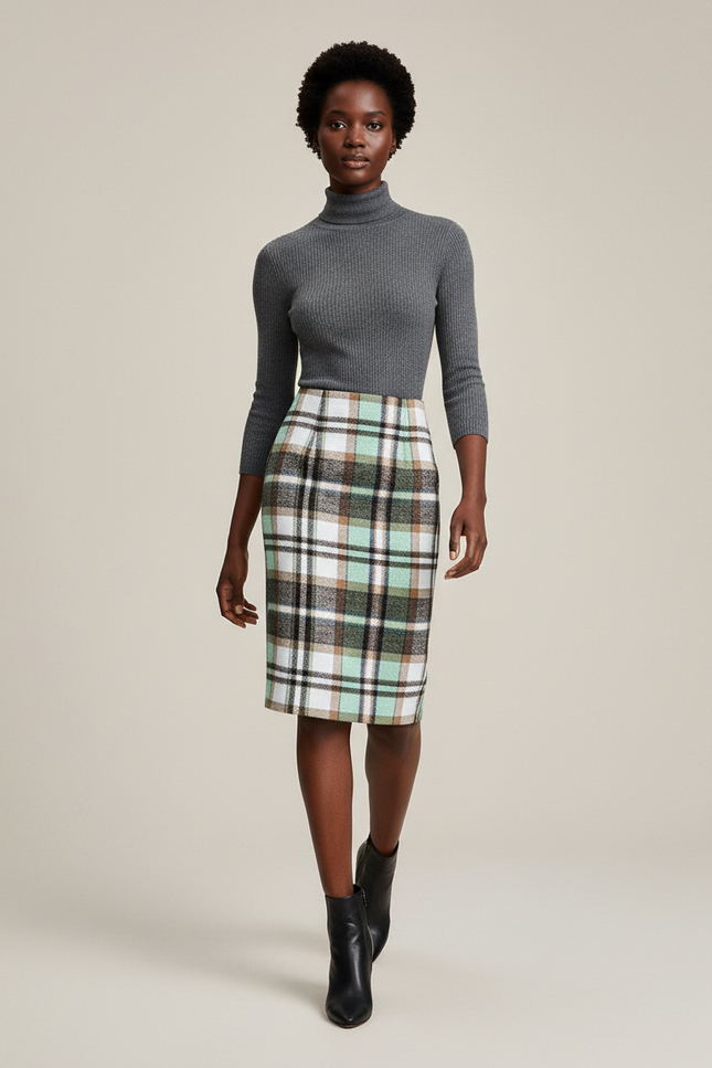 Jupe Crayon Plaid Vert Menthe Chic