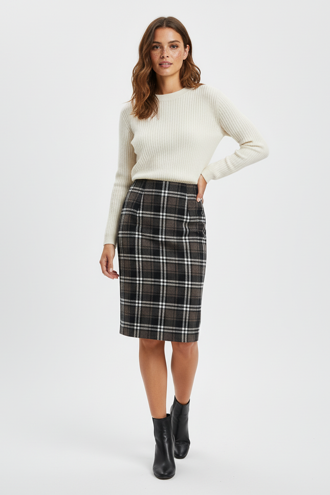 Jupe Crayon Carreaux Laine Chic