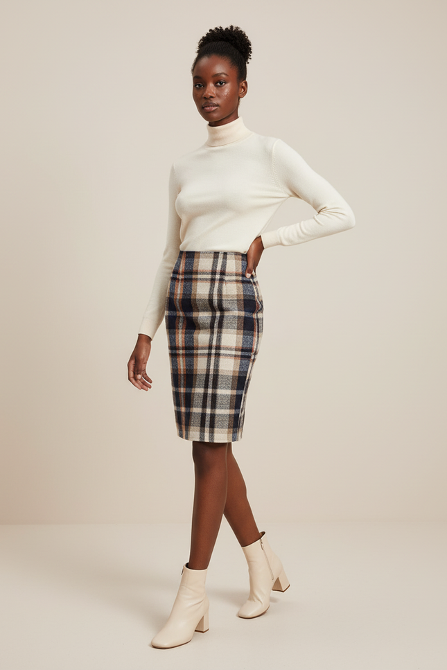 Jupe Crayon Carreaux Laine Chic