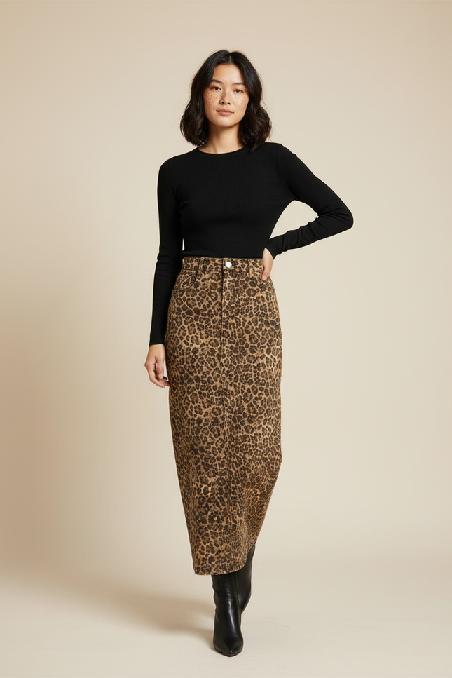 Jupe Crayon Denim Léopard Chic