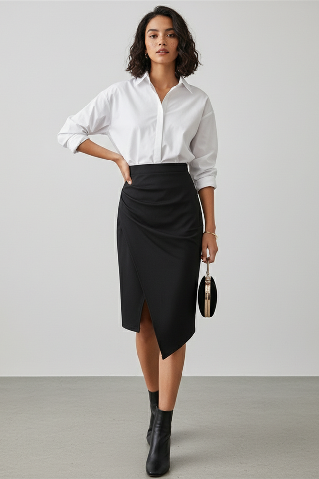 Jupe Crayon Noire Irrégulière Chic