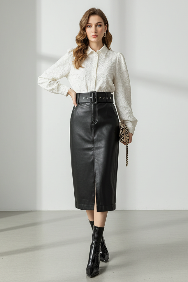 Jupe Crayon Similicuir Fendue Élégante