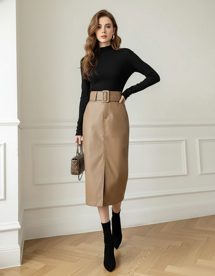 Jupe Crayon Camel Similicuir Chic