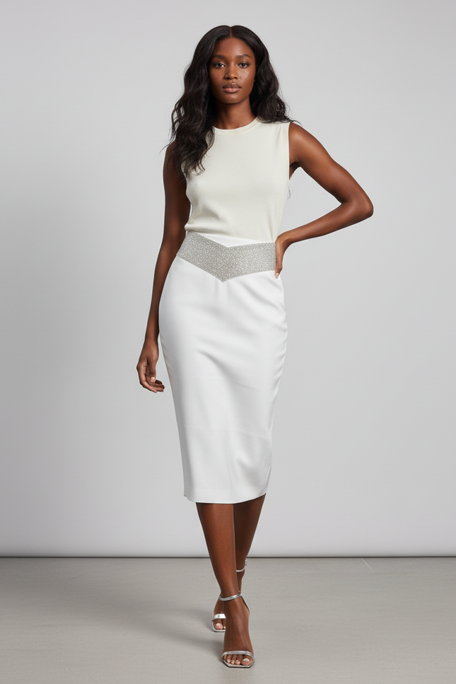 Jupe Crayon Blanche Taille Strass Élégante