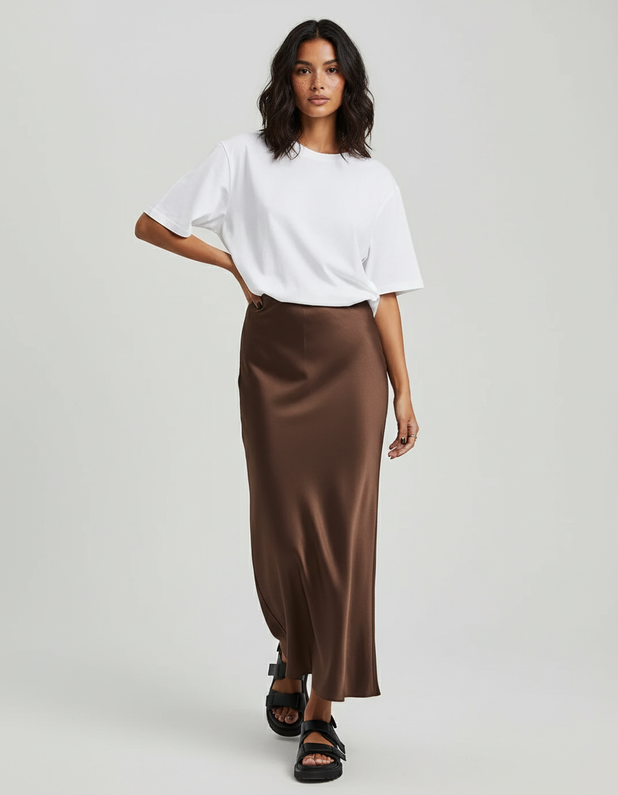 Jupe Crayon Marron Satin Élégante