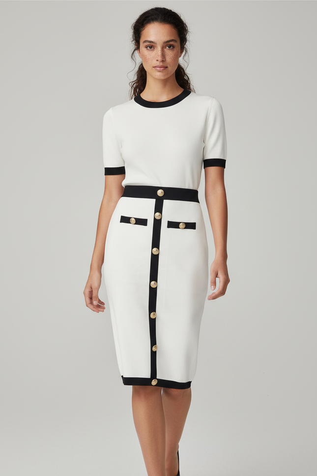 Jupe Crayon Bicolore Boutons Dorés Élégante