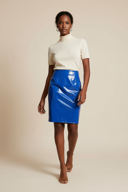 Jupe Crayon Cuir Verni Bleu Chic