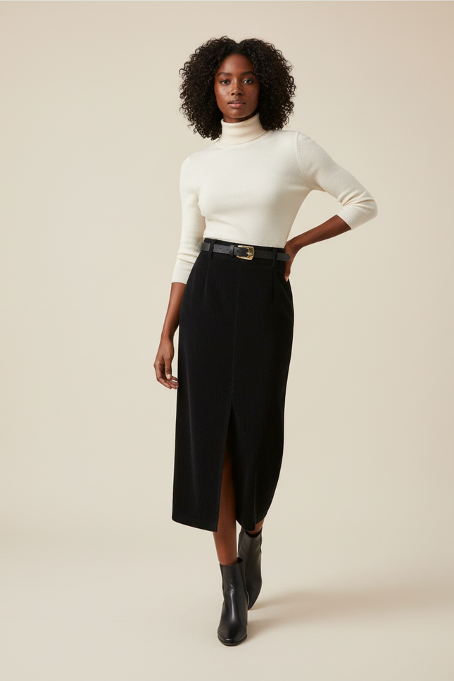 Jupe Crayon Noire Velours Côtelé Chic