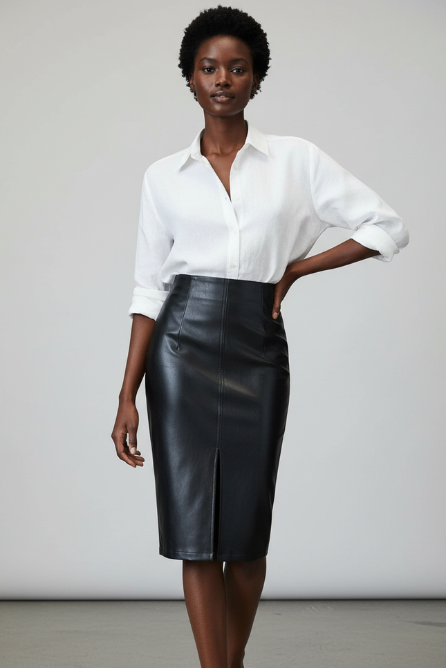 Jupe Crayon Noire Simili Cuir Élégante