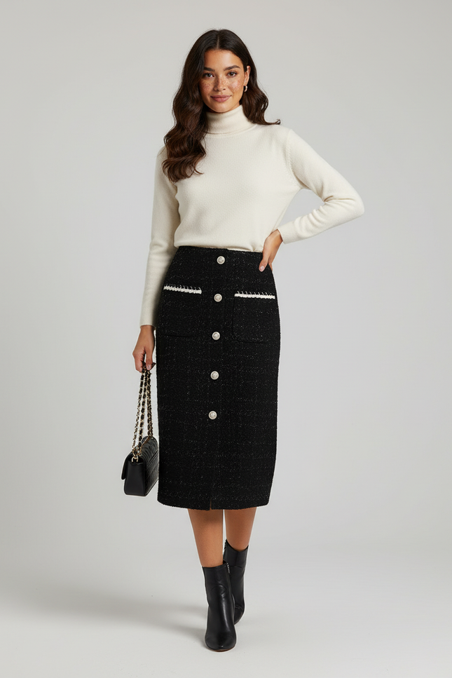 Jupe Crayon Tweed Noire Chic