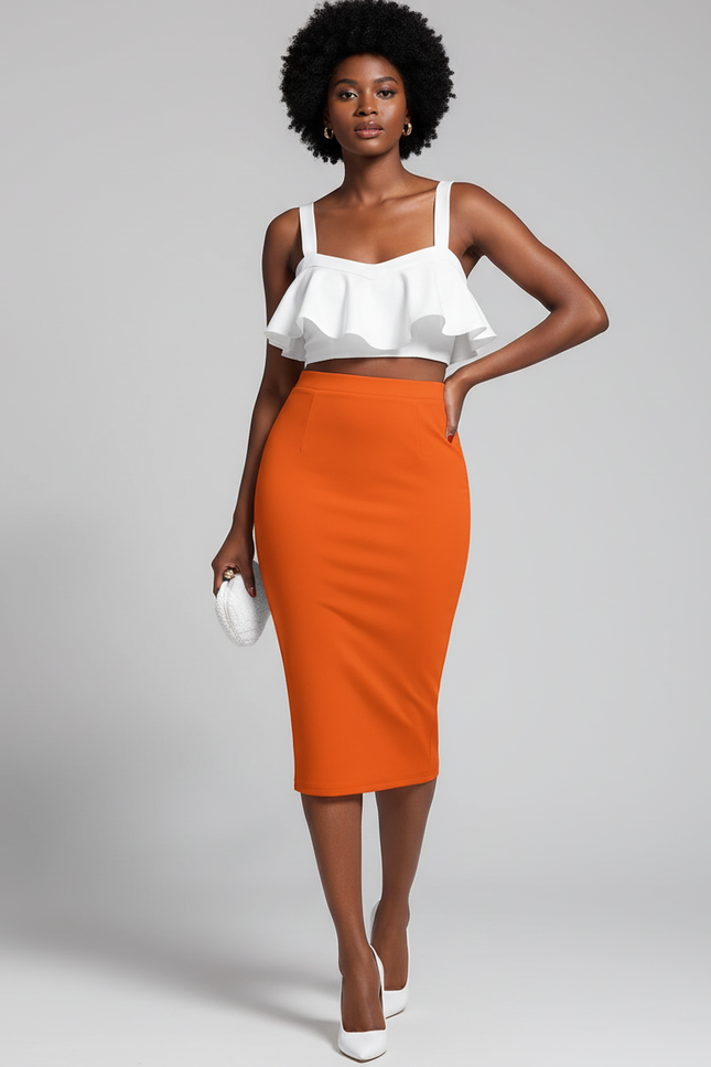 Jupe Crayon Orange Taille Haute Chic
