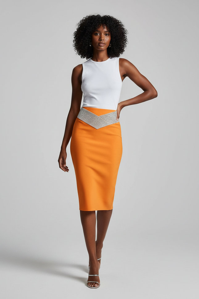 Jupe Crayon Orange Strass Chic