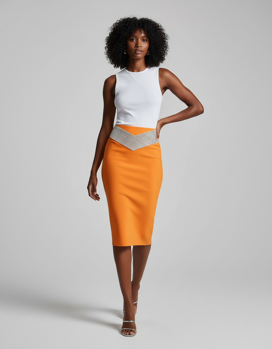 Jupe Crayon Orange Strass Chic