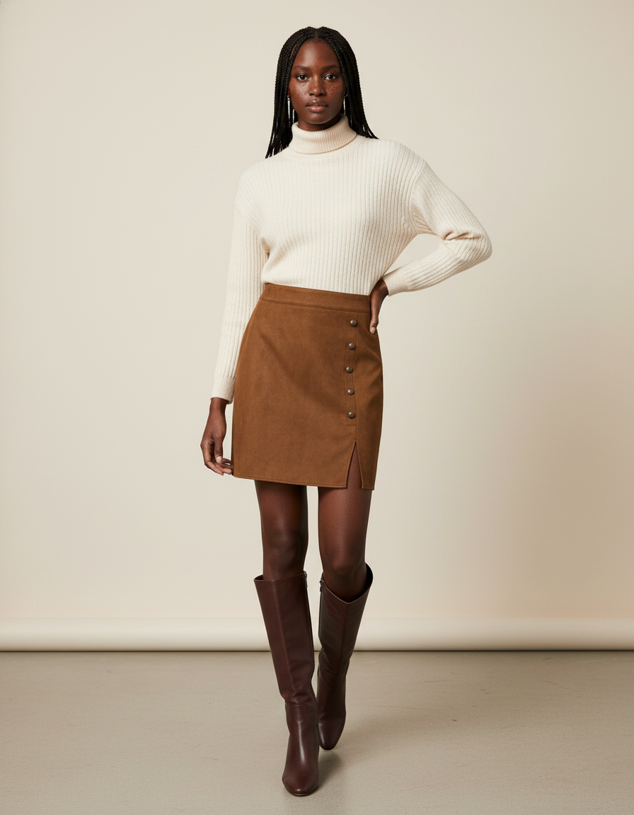Jupe Crayon Suédine Marron Chic