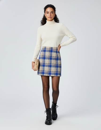 Jupe Crayon Carreaux Bleus Laine Chic