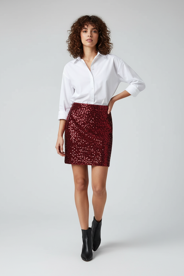 Jupe Crayon Bordeaux Pailletée Élégante