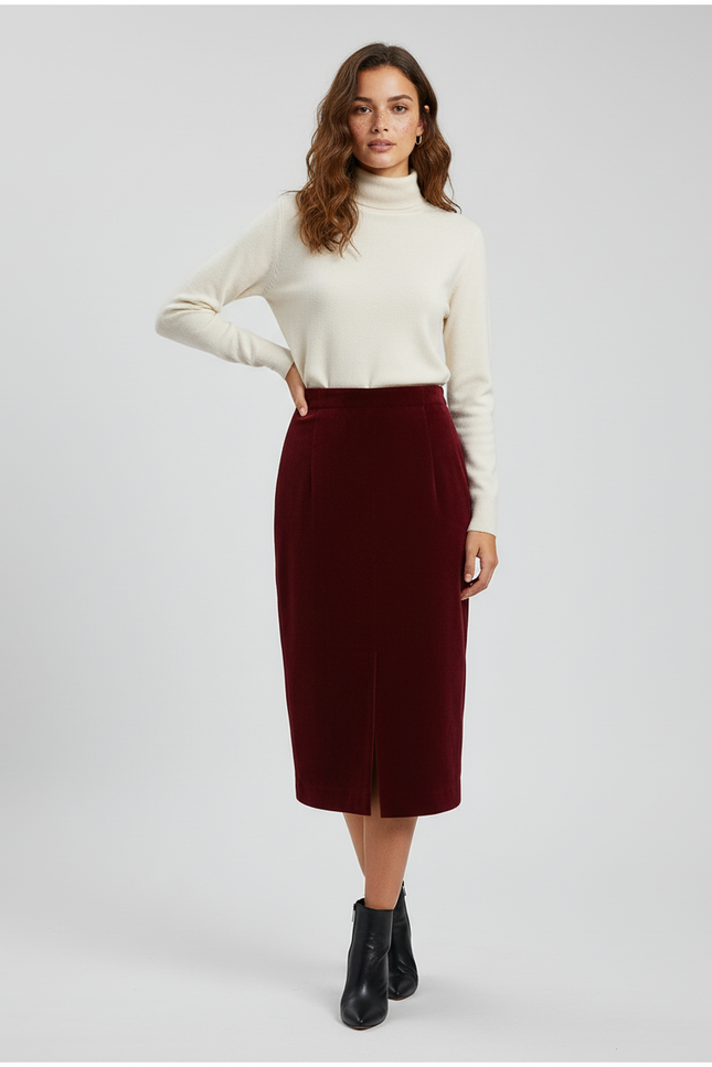 Jupe Crayon Velours Bordeaux Élégante