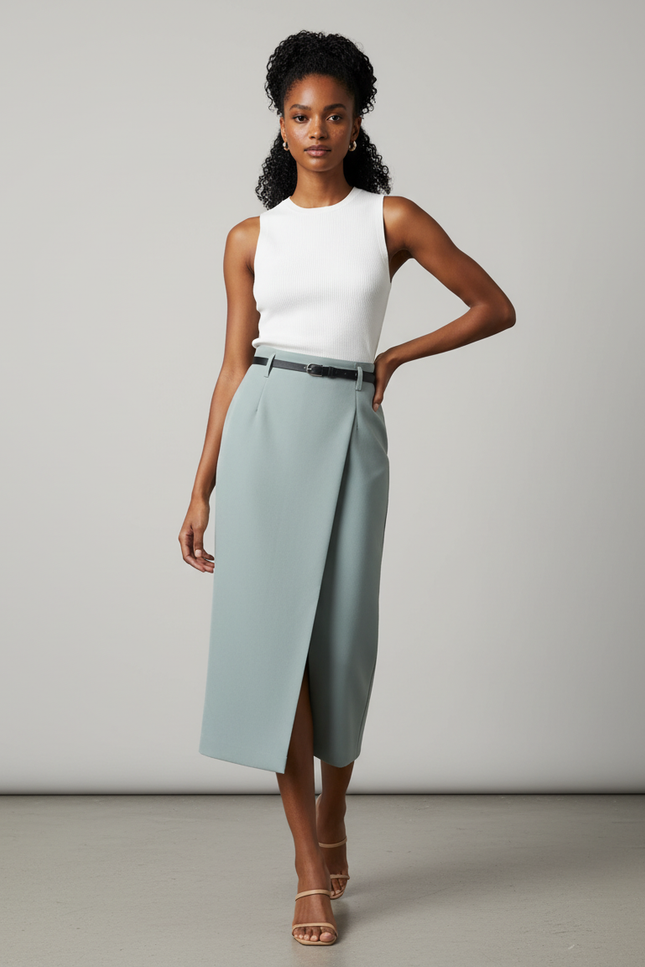 Jupe Crayon Vert D'Eau Fendue Élégante