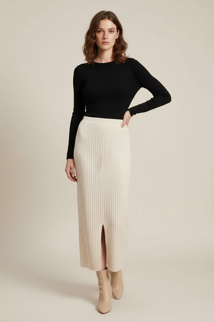 Jupe Crayon Côtelée Fendue Élégante