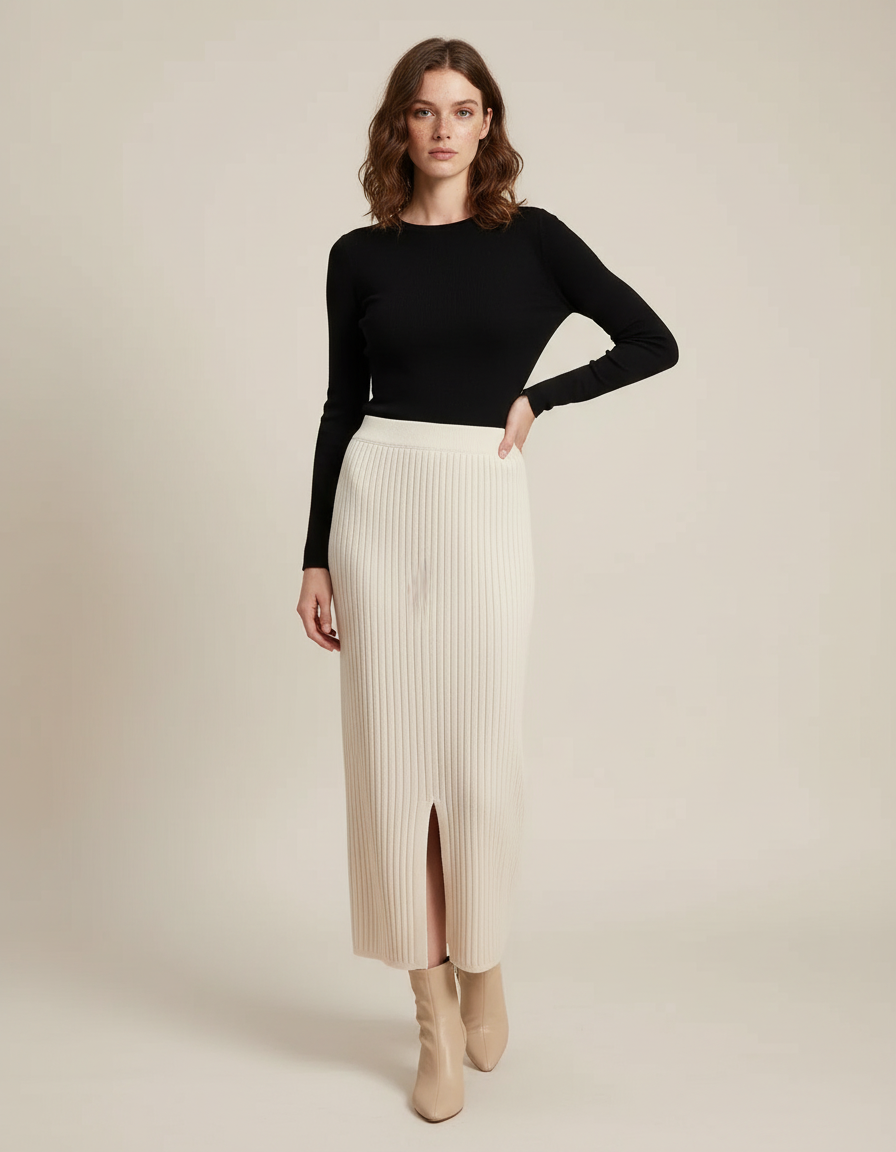 Jupe Crayon Côtelée Fendue Élégante