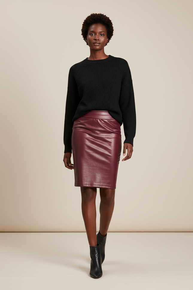 Jupe Crayon Similicuir Bordeaux Chic