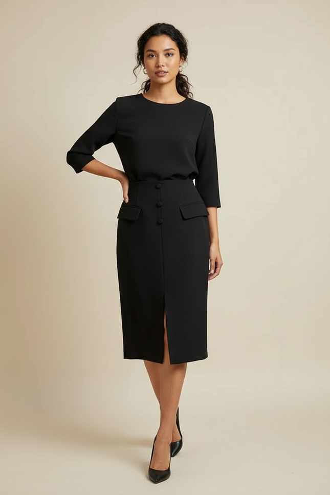 Jupe Crayon Noire Fente Élégante