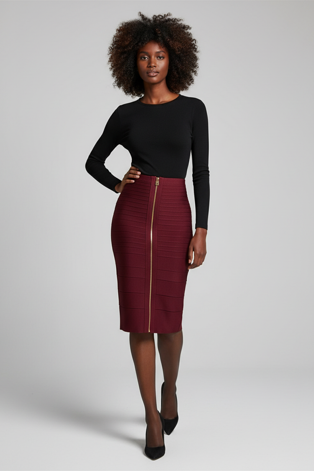 Jupe Crayon Bordeaux Chic Zip