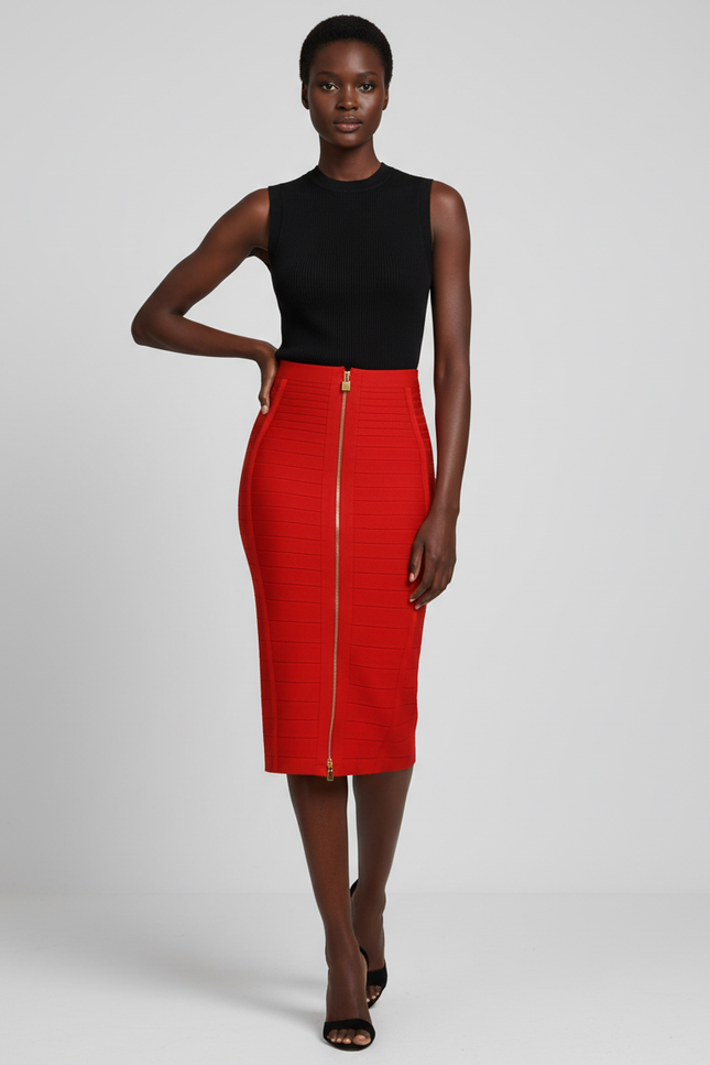 Jupe Crayon Rouge Zippée Chic