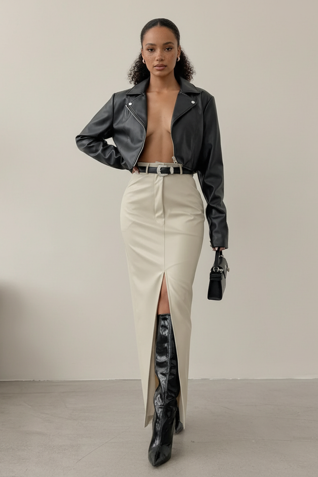 Jupe Crayon Cuir Beige