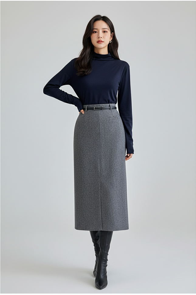 Jupe Crayon Grise Ceinturée Élégante
