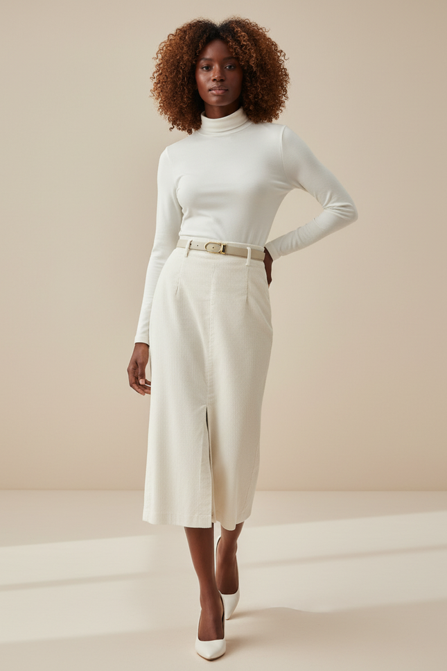 Jupe Crayon Crème Velours Côtelé Élégante