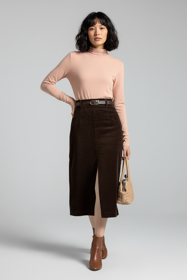 Jupe Crayon Marron Côtelée Élégante