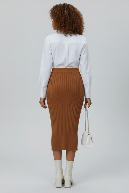 Jupe Crayon Côtelée Fente Élégante