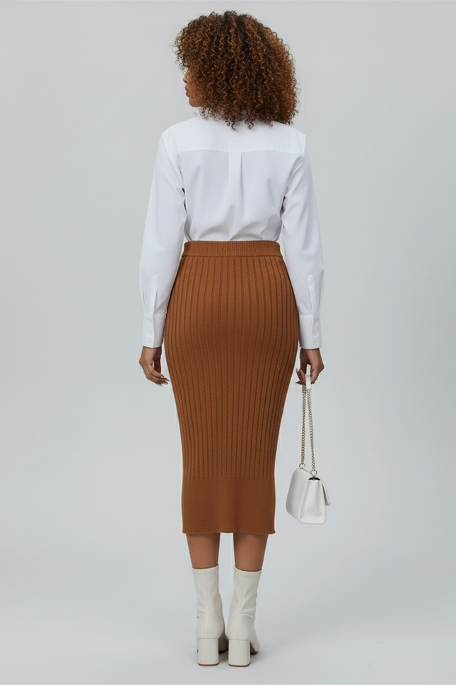 Jupe Crayon Côtelée Fente Élégante